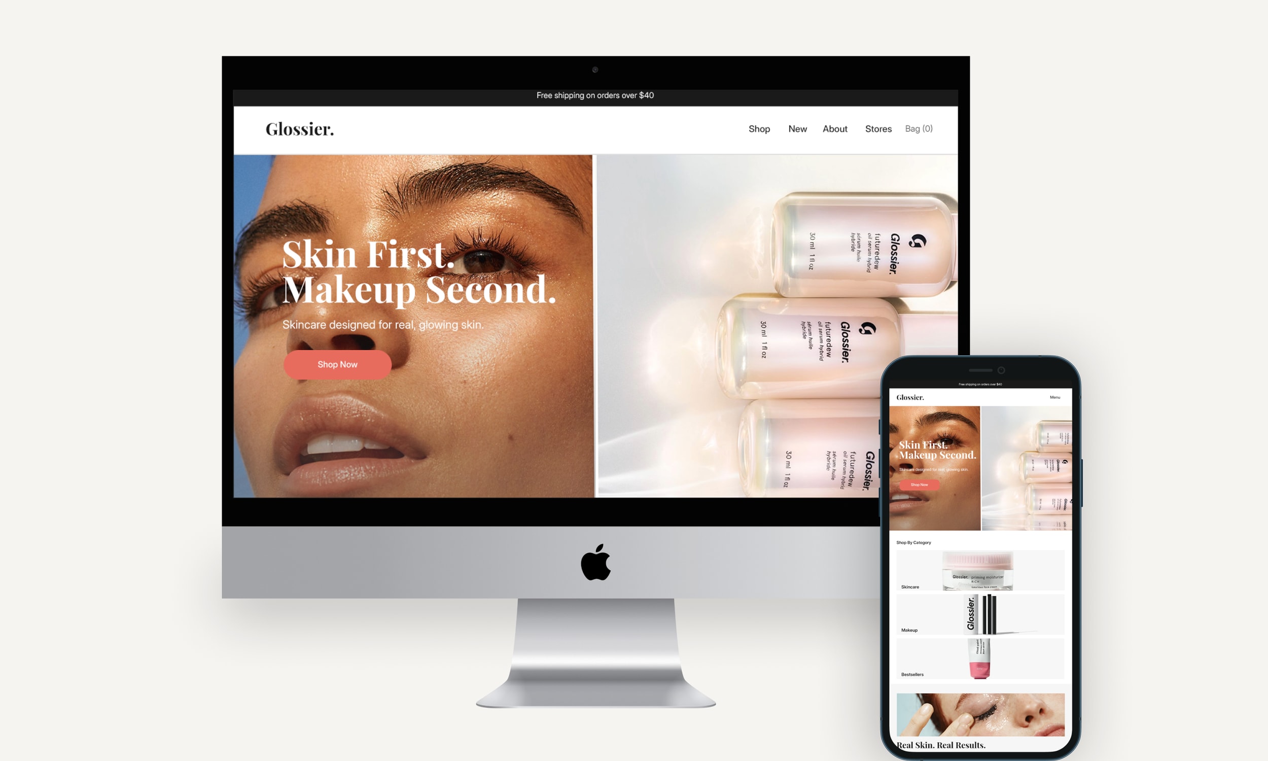 Desktop and mobile mockups of a Glossier-inspired e-commerce redesign with product photography and a shopping bag.