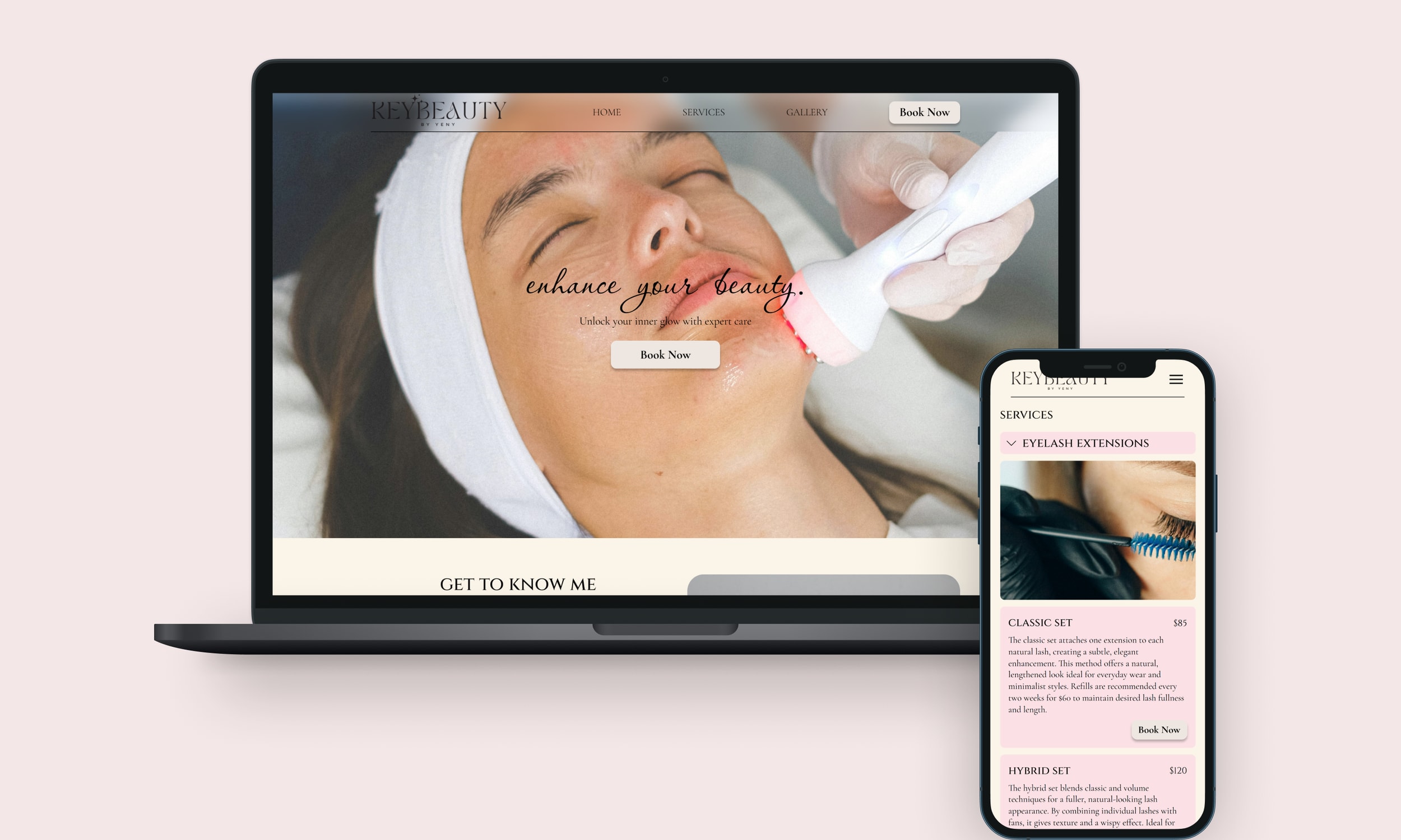 Desktop and mobile mockups of the KeyBeauty by Yeny website, showing a spa treatment hero and a services menu.